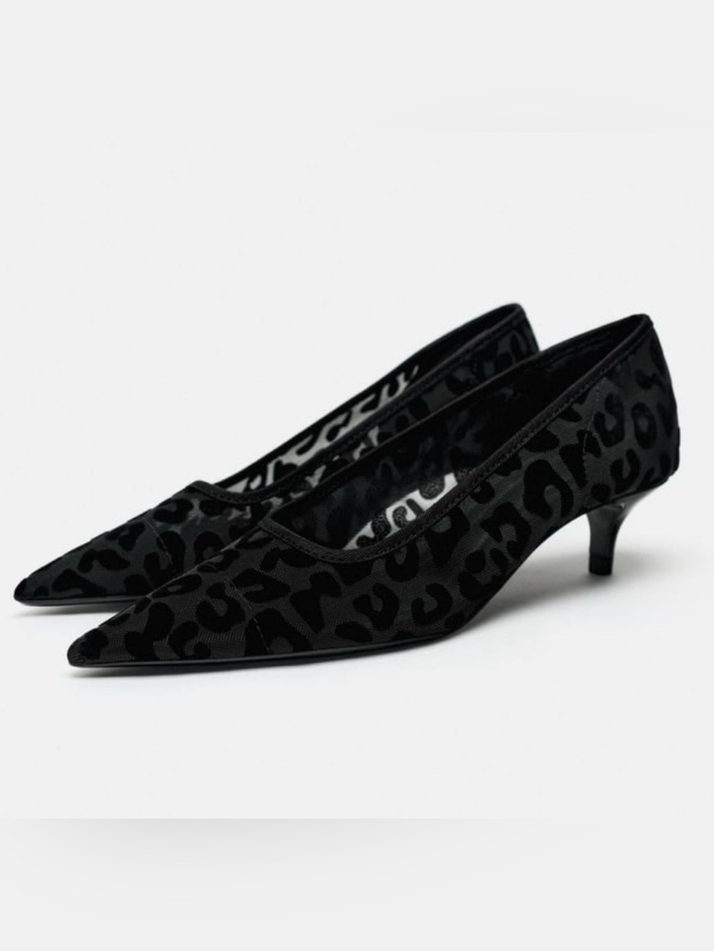 Zara Black Velvet Leopard Pointed Kitten Heel Pumps